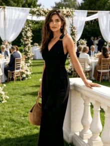 Halter V-Neck Wide Leg Jumpsuit, Elegant Backless Tie Waist Linen Jumpsuit For Wedding Guest, Summer Party & Cocktail - Black - View 2
