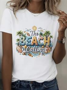 Seascape With Palm Trees, Bright Sun, Turquoise Waves With Seashells And Surfboards That Evoke The Relaxing Sound Of The Sea And The Desire For Vacation. Casual Youthful Women's T-Shirt - 白色 - 查看 8