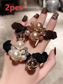 2/1pc Fashion Versatile High Elasticity Pearl Hair Ties, Silky Touch, Soft Pleated Fabric, Pearl Embellished, Perfect For Ponytails And Buns, Stylish Hair Accessories, Non-Deforming, Easily Create Various Hairstyles, Care For Every Strand Of Hair, Showcase Elegant Elegant - Multicolor - View 6