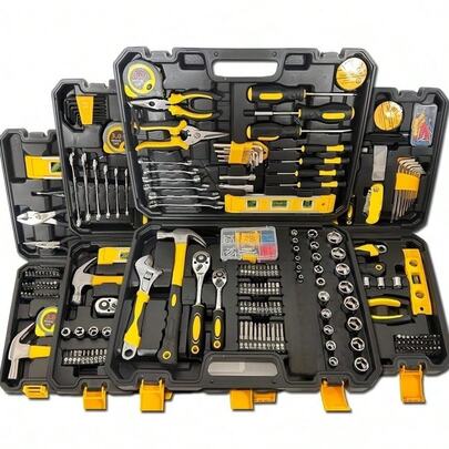 家用及车库全套工具套装 - 碳钢手动工具，适用于汽车、摩托车及自行车维修保养 - 必备DIY维修套装，配有耐用收纳箱，黄/黑色