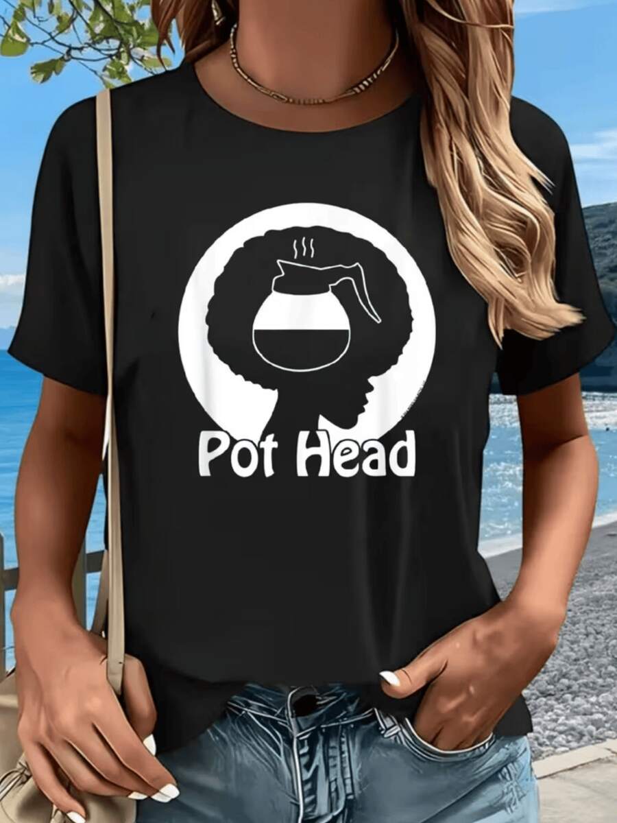 Steaming Coffee Mug Forming The Profile Of A Woman With Curly Hair Symbolizing Energy And Passion For Coffee With A Fun And Modern Style. Casual Women's T-Shirt For Everyday Wear And Original Gift - 黑色 - 查看 1