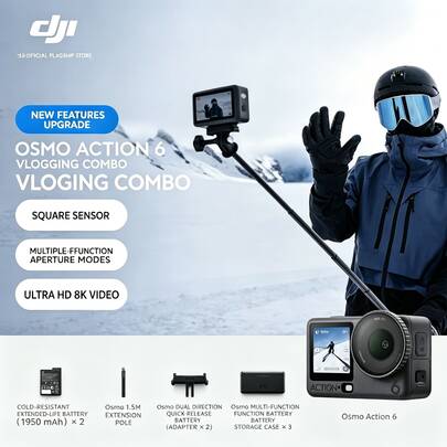  DJI Osmo Action 6 All-In-One Flagship Action Camera: Variable Aperture Vlog Travel Outdoor Photography Motorcycle Mountain Bike Riding Diving Hiking Handheld 8K Camera - Standard Package
