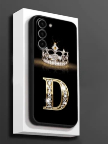 1pc Fashion D-Letter Diamond Crown Element Phone Case, Black TPU Soft Shell, Scratch-Resistant, Shock-Proof, Compatible With Huawei, Honor, Galaxy, - Black - View 2