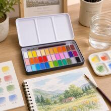 12/24/36 Colors Chinese Style Solid Watercolor Paint Set With Metal Box Packaging And Free Paintbrush, Dry Watercolor Paint Suitable For Art Painting - A - View 4