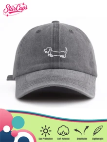 1 Pc Minimalist Dachshund Embroidery Washed Baseball Cap, Unisex Available In Multiple Retro Colors, Cute Wiener Dog Motif Aesthetic Dad Hat, Vintage Streetwear Dog Lover Travel Accessories - Sausage - View 7