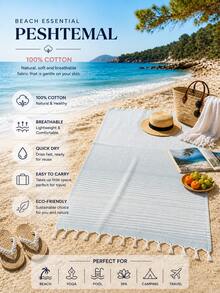 100% Cotton Turkish Beach Towel - Striped Peshtemal with Tassels- Quick-Dry & Soft Boho Beach Blanket - 淺藍色 - 查看 3