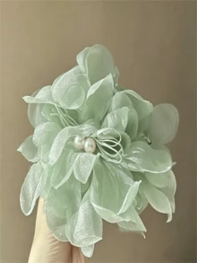 1个珍珠装饰超仙女绿网状花朵大发夹，甜美浪漫优雅百搭发饰，适合旅行、度假、派对等场合，夏季发爪沙滩夹度假发饰 - 綠色 - 查看 3