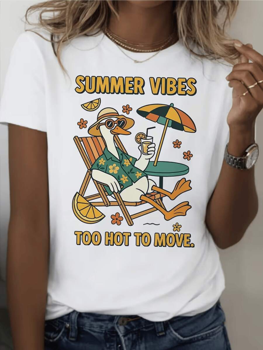 Relaxed Bird Enjoying The Sun With Sunglasses And A Drink Next To A Parasol, Conveying Summer Energy And A Feeling Of Total Rest; Women's T-Shirt With A Fresh And Fun Style For Warm Days - 白色 - 查看 1