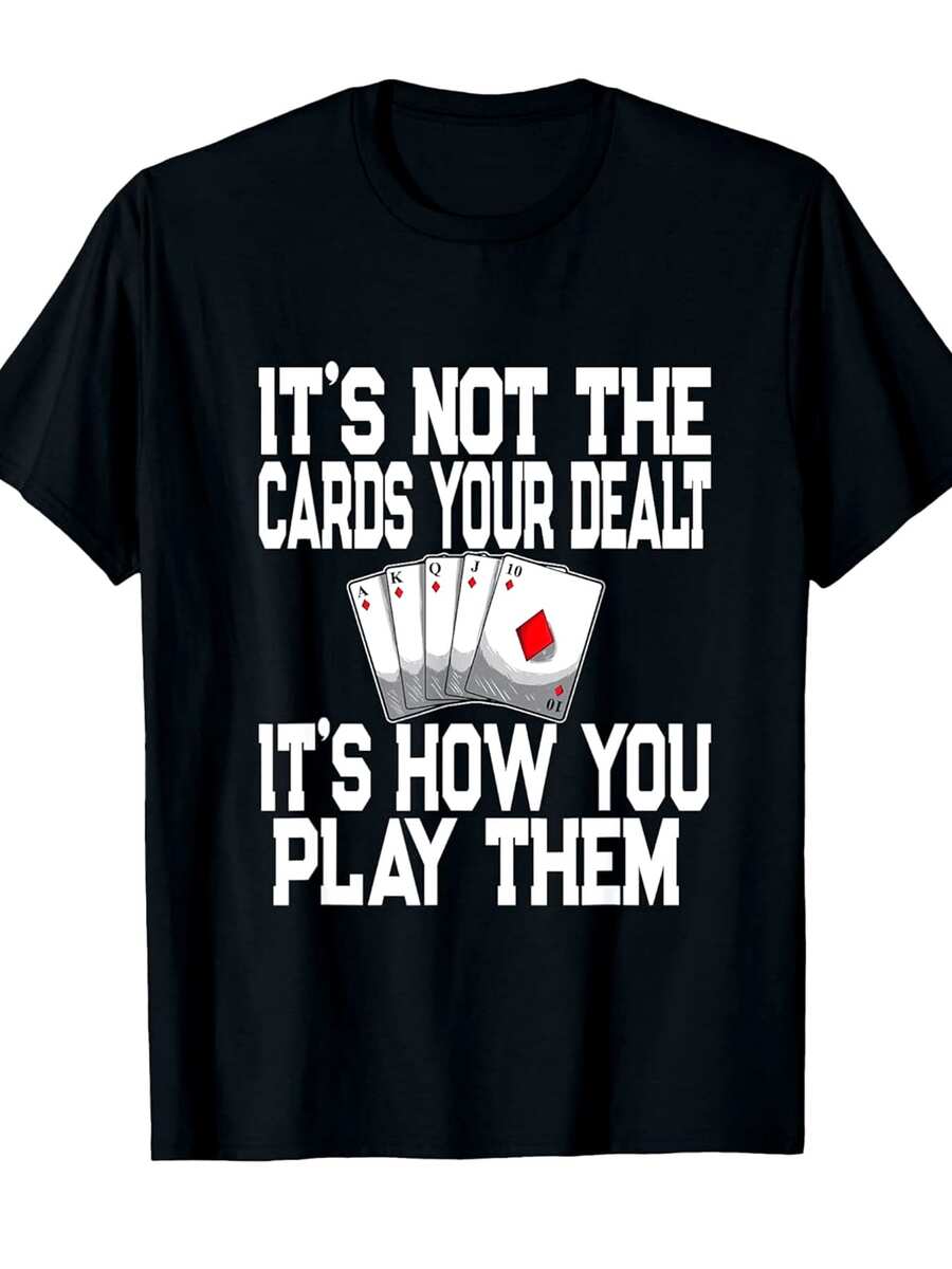 Camiseta para Jugadores de Póker con Diseño de Cartas de Pinochle y Frases Originales [Diseño Genial] Estilo Urbano en , Camiseta de Mujer de Algodón Cómodo con Cuello Redondo, Diseño y Mangas del Mismo Estilo para Hombre - Negro - Ver 1