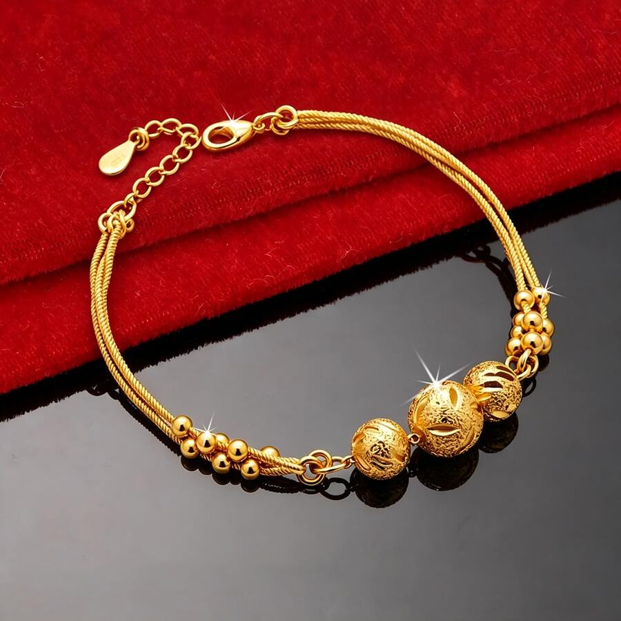 Vòng tay charm ba lớp hạt may mắn bằng bạc 925 mạ vàng 18K, phụ kiện sáng tạo, thanh lịch và quyến rũ, đính hạt sáng bóng, hoàn hảo cho phụ nữ, bé gái và các lễ hội âm nhạc. Lý tưởng làm quà tặng ngày Valentine. - Vàng - Xem 1