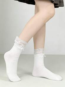 1/4 Pair Lace Patchwork Bow Ballet Style Mid-Calf Socks, Summer - Multicolor - View 11