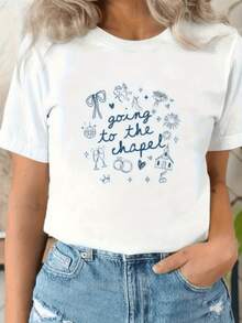 Drawing Depicting A Romantic Scene With Wedding Symbols Such As Rings, Hearts, Cups, Chapel, Flowers, And Cupid, Reflecting Love And Commitment. Comfortable And Modern White Casual Women's T-Shirt For Everyday Wear - 白色 - 查看 1