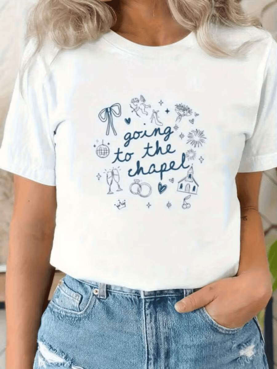 Drawing Depicting A Romantic Scene With Wedding Symbols Such As Rings, Hearts, Cups, Chapel, Flowers, And Cupid, Reflecting Love And Commitment. Comfortable And Modern White Casual Women's T-Shirt For Everyday Wear - 白色 - 查看 1