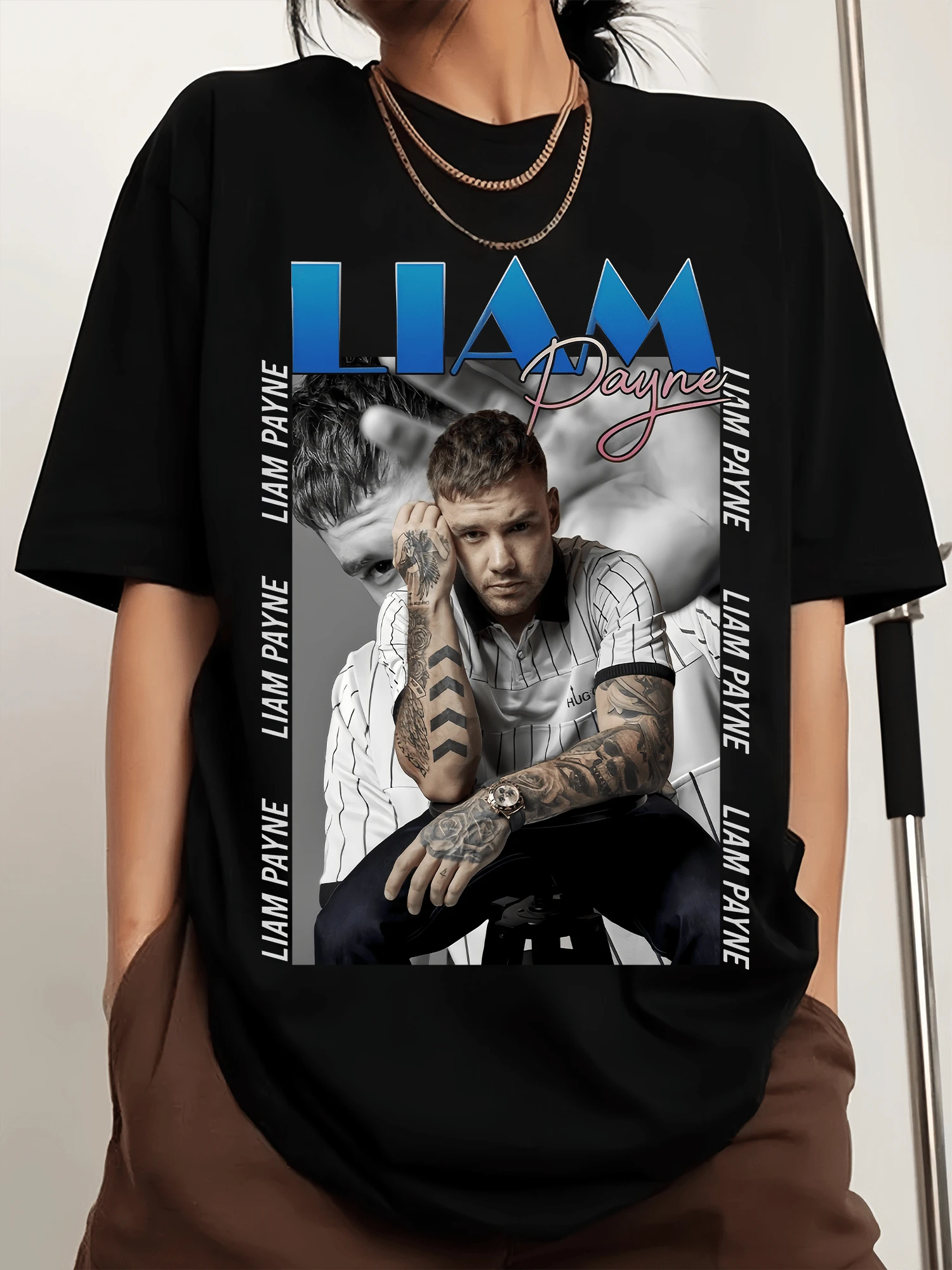 Liam Payne Crew-Neck Printed Men's Fashion Short-Sleeved Sports T-Shirt, Comfortable And Versatile. - Black - View 1