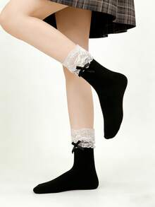 1/4 Pair Lace Patchwork Bow Ballet Style Mid-Calf Socks, Summer - Multicolor - View 6
