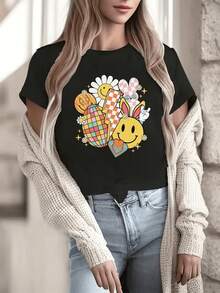A Cheerful Set Of Symbols With Smiling Flowers, Colorful Hearts, A Friendly Bunny, And Plaid Patterns That Convey Positive Energy And Retro Fun. A Comfortable, Youthful, And Modern Casual Women's T-Shirt. - 黑色 - 查看 8