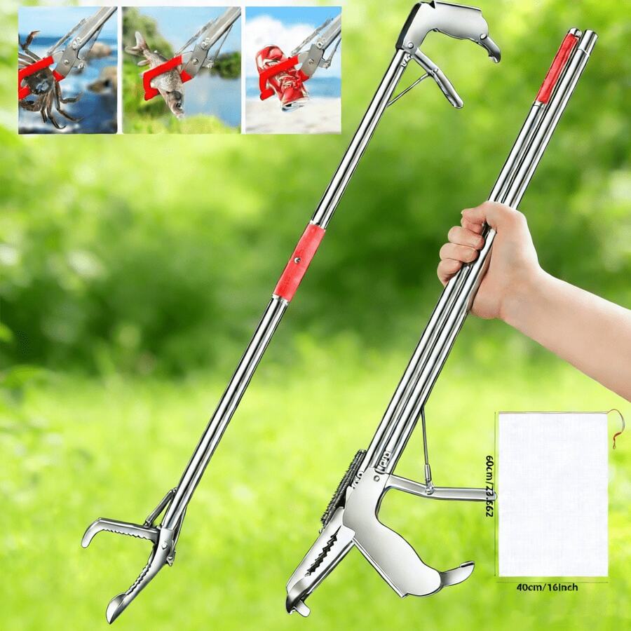 A Portable, Foldable Pickup Tool Featuring 304 Stainless Steel Claws-Ideal For Retrieving Litter, As Well As Catching Reptiles And Fish; Particularly Convenient For The Elderly. Gardening & Cleanup Grabber Set-Includes One Pickup Grabber And One Mesh Storage Bag. - Small - View 1