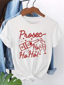 Sparkling Wine Bottle With Toasting Glasses And Festive "Ho Ho Ho" Message Conveying A Cheerful Christmas Atmosphere, Ideal For Celebration And Fun. Women's Casual White Short-Sleeved T-Shirt - 白色 - 查看 8