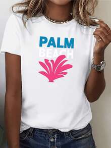 Pink Palm Tree Evoking The Sea Breeze And Tropical Energy Of Sunlit Coasts With Large Letters Inspiring Freshness And Freedom. Casual Women's T-Shirt For Summer And Beach - 白色 - 查看 1