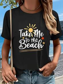 Sol radiante junto a estrellas y letras que inspiran viajes al mar creando una sensación de libertad y verano ideal para días soleados camiseta de mujer casual moderna cómoda para paseo playero - Negro - Ver 8