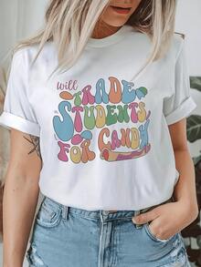 Frase divertida con letras coloridas que expresan humor y alegría retro al combinar tonos pastel evocando dulzura y optimismo camiseta de mujer casual moderna ideal para uso diario - Blanco - Ver 8