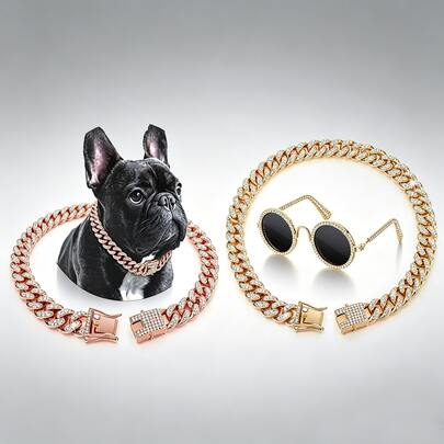 2 piezas Conjunto de collares clásicos para mascotas, collar de cadena cubana de aleación de zinc con estilo hip-hop, incrustado con brillantes rhinestones, tamaño ajustable para adaptarse al cuello, duradero y resistente a la decoloración, adecuado para el uso diario de gatos y perros