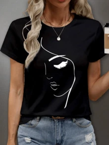 A Feminine Face Created With Soft Lines Conveys Calm, Elegance, And Reflection, Showcasing The Inner Beauty And Strength Of The Modern Woman. A Modern, Casual Women's T-Shirt For Everyday Wear. - 黑色 - 查看 1