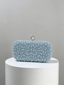 Light Blue Pearl Beaded Evening Clutch, Pearl & Rhinestone Decorated Wallet,Bride, Wedding Items - Baby Blue - View 4