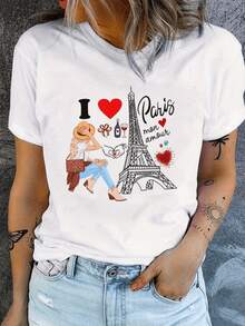Corazón que expresa amor por París con torre Eiffel copa de vino flores y una pareja soñando con viajes románticos en la ciudad de la luz camiseta de mujer casual moderna cómoda - Blanco - Ver 8
