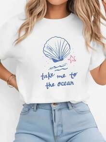 Concha marina abierta junto a una estrella de mar que evoca libertad paz y el deseo de sentir la brisa salada frente al horizonte marino camiseta de mujer casual blanca cómoda para verano playa - Blanco - Ver 8