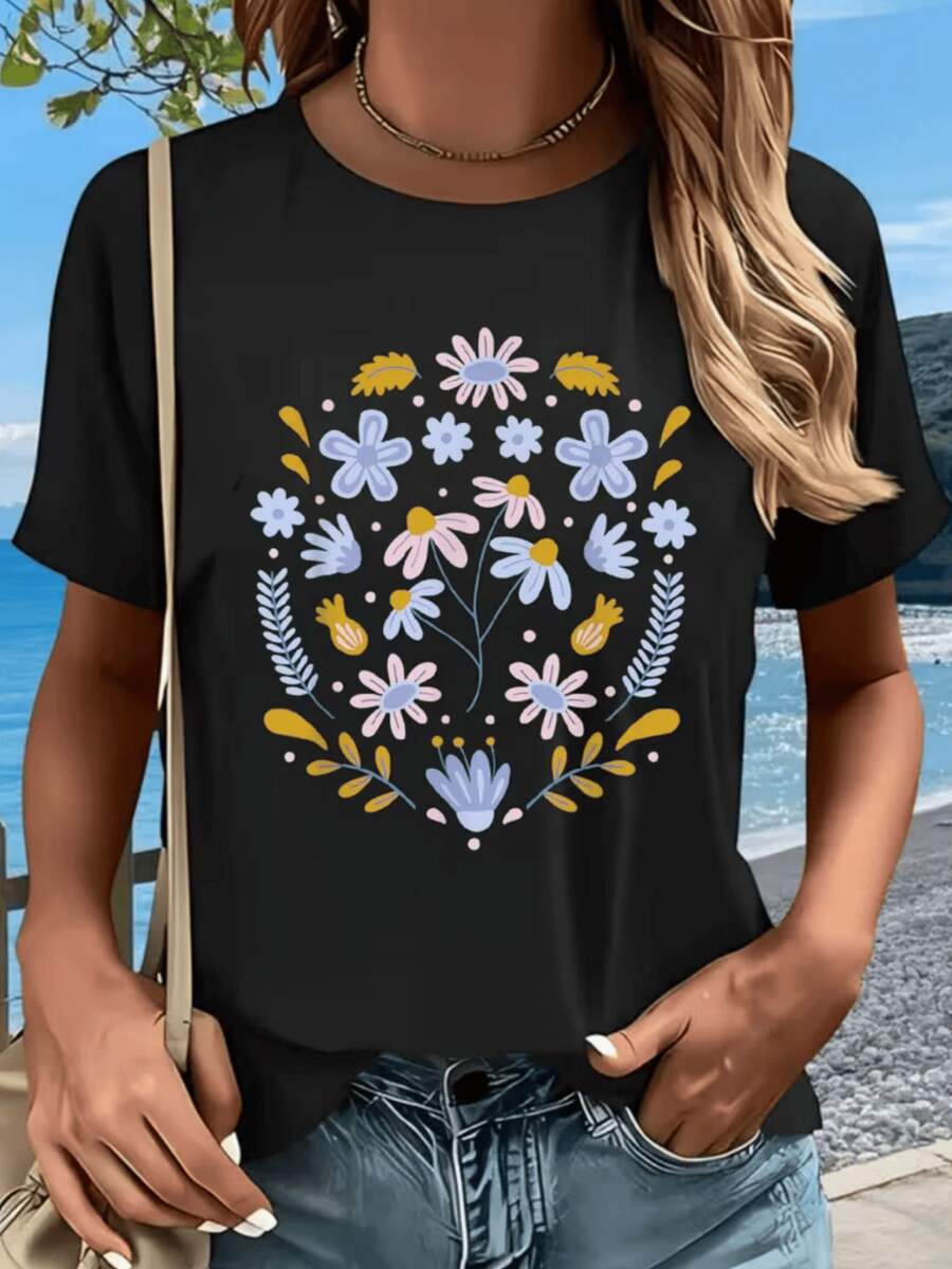 Bouquet Of Flowers With Pink And Blue Petals Surrounded By Golden Leaves Symbolizing Joy, Hope, And Harmony In Nature. Comfortable Casual Women's T-Shirt For Sunny Days And Outdoor Walks. - 黑色 - 查看 1