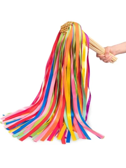 20pcs Rainbow Ribbon Wands With Gold Bell, Multicolor Fairy Wish Ribbon Suitable For Party, Rhythm, Tassel And Fringe Ribbon Decor, Applicable For Wedding, Birthday, Bridal Shower, Pride Parade, Ceremony Photo Props (Random Color)