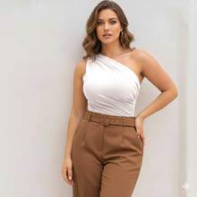 Women's Bodysuit, Spandex, Pleated, One-Shoulder, Gathered, Double Lining, Elegant, Modern, Sophisticated, Spring Casual Sensual Party - 白色 - 查看 2