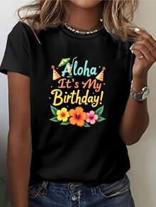 Texto colorido con flores tropicales y mensaje alegre que celebra el espíritu festivo de cumpleaños con energía positiva y encanto veraniego ideal para mujeres felices camiseta de mujer casual moderna - Negro - Ver 8