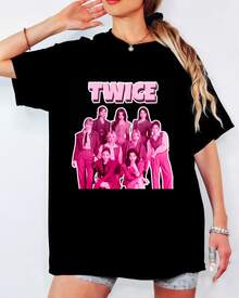 TWICE Retro Pink Tone Group Portrait T-Shirt, Logo Print, Unisex K-Pop Fan Top - Black - View 8