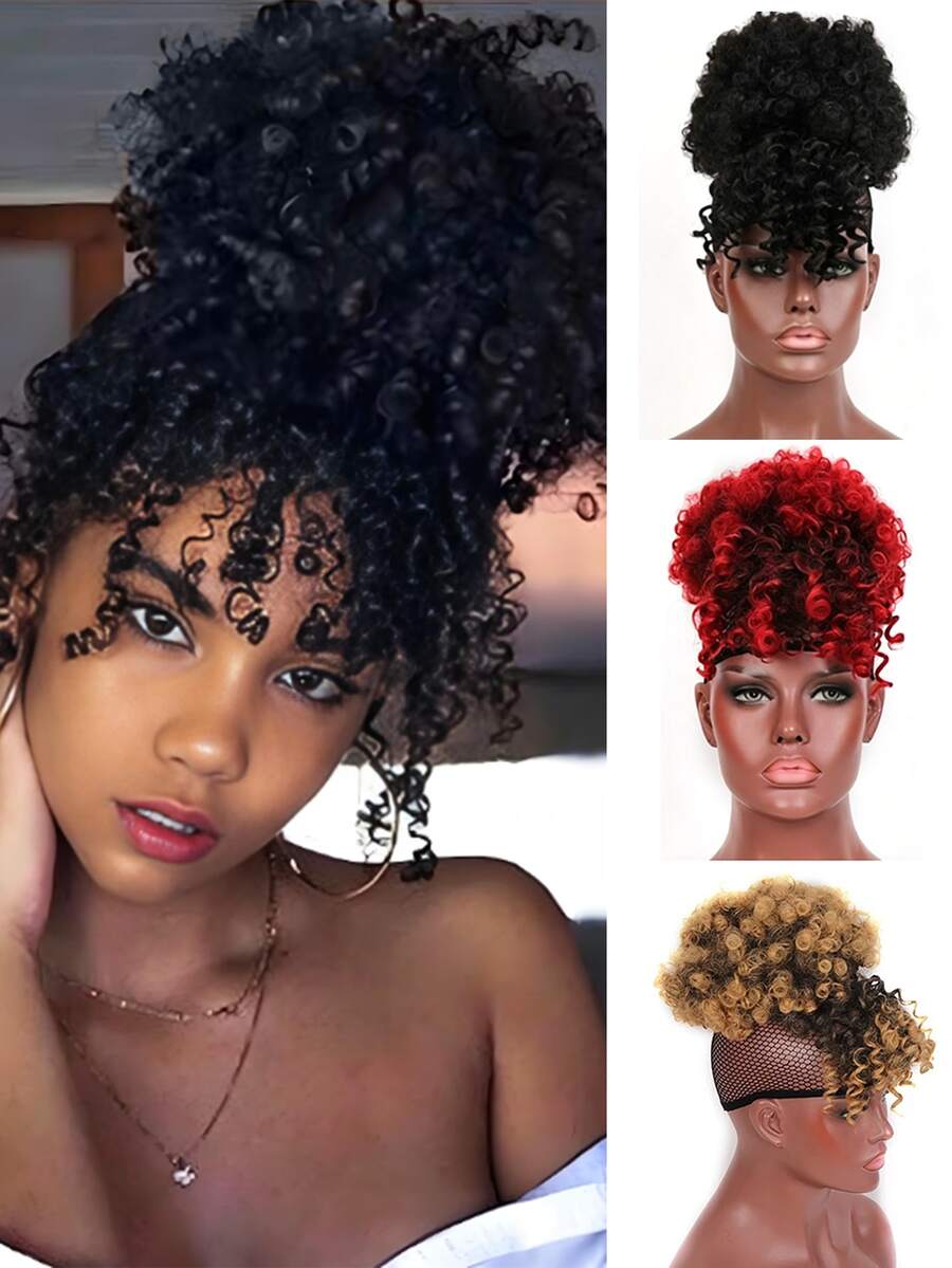 Peluca de fibra sintética, moño africano, rizos sueltos, coleta con flequillo con cordón, extensiones de cabello con clip, adecuado para uso diario y fiestas de mujeres, festivales, fiestas - Multicolor - Ver 1
