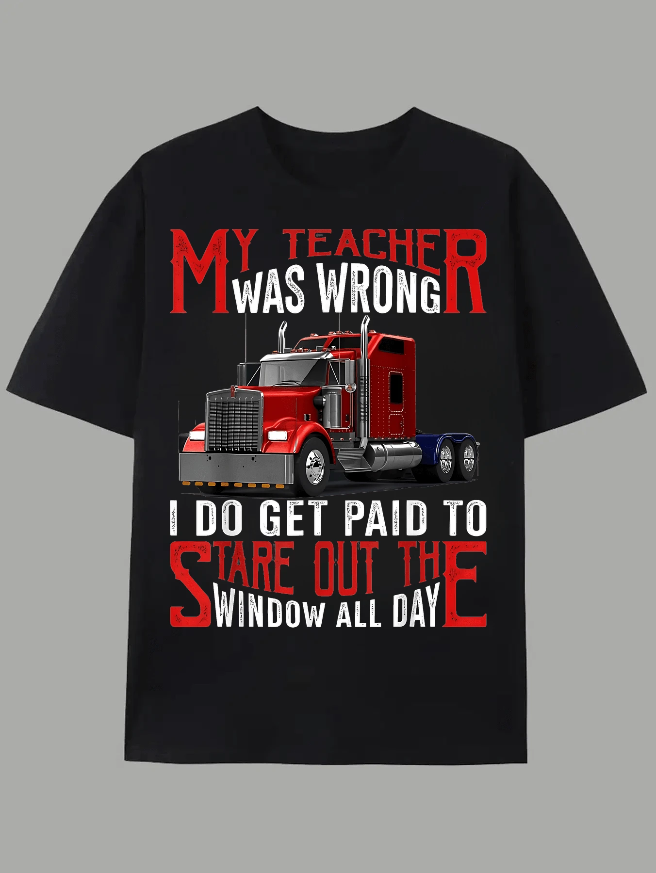 Camiseta de Hombre Estilo Camionero con Texto Atrevido y Gráfico de Camión Rojo para Uso Casual en Verano y Otoño, Regalo Perfecto para Camioneros y Conductores de Larga Distancia - Negro - Ver 1