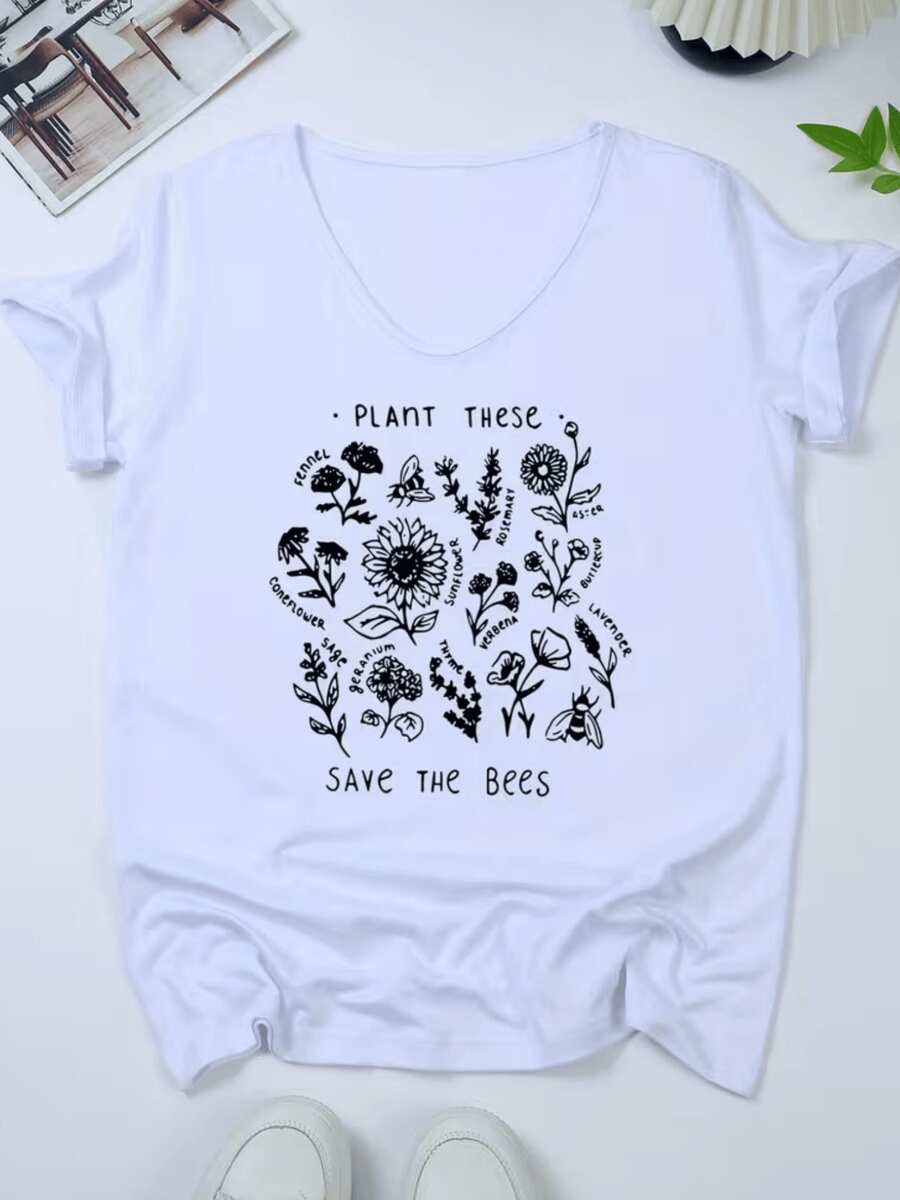 Flores silvestres que invitan a proteger las abejas mostrando plantas aromáticas y mensaje ecológico positivo para cuidar la naturaleza camiseta de mujer casual cómoda para verano - Blanco - Ver 1