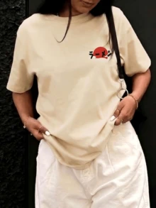 Women's Round Neck Printed Short Sleeve T-Shirt, Casual Loose Fit, Super Soft & Comfortable Fabric, Ins Street Fashion Style, Classic All-match Graphic Tee, Breathable Lightweight Daily Basic Top, Perfect for Daily Wear, Casual Vacation, Office Commute, Outdoor Going Out, Weekend Gathering, Shopping and Leisure Activities, Ladies Trendy Oversized Casual Pullover T-Shirt - Albaricoque - Ver 2