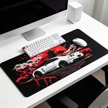 1pc Large-Sized Esports Gaming Mouse Pad, Red Moon Cherry Blossom Sports Car And Wind Pattern, Rubber-Bottom Large-Size Desk Mat Office Desk Accessory, Computer Decorative Accessory Desktop Decor Gaming Mouse Pad, An Ideal Gift For Gamers - View 2