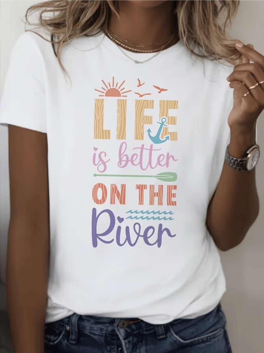 Radiant Sun Over The Horizon With Birds Flying And A Blue Anchor Evoking Freedom, Serenity And The Tranquility Of The River. Comfortable Casual Women's T-Shirt For Summer - 白色 - 查看 1