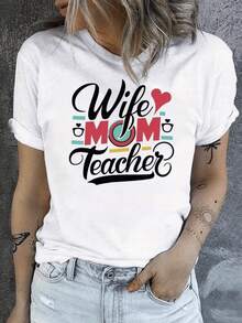 Corazones y palabras que celebran el amor familiar y la dedicación recordando la fuerza de ser esposa madre y maestra con estilo positivo camiseta de mujer casual cómoda para diario - Blanco - Ver 8