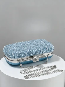 Light Blue Pearl Beaded Evening Clutch, Pearl & Rhinestone Decorated Wallet,Bride, Wedding Items - Baby Blue - View 5