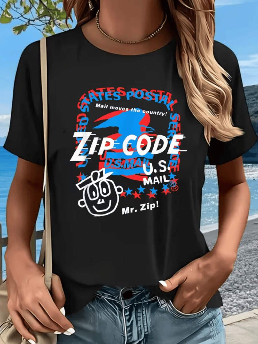 Colorful Figure Symbolizing The Postal Connection Between People, Representing Movement, Communication, And Unity In Red, Blue, And White Tones With Fun And Cheerful Elements. Modern Casual Women's T-Shirt For Everyday Use. - 黑色 - 查看 1