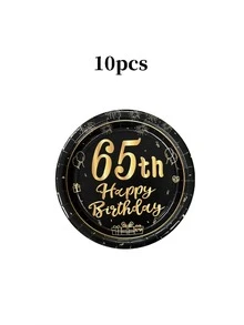 Bộ 10/20/30 đĩa giấy sinh nhật lần thứ 40/55/60/65/75, đĩa tiệc màu đen và vàng kim loại, đĩa tròn 9" & 7" dùng cho bữa tối và tráng miệng với họa tiết quà tặng vàng, pháo hoa và bóng bay. In dòng chữ "Chúc mừng sinh nhật lần thứ 40/55/60/65/75" dùng để trang trí tiệc sinh nhật cho nam và nữ. - 65 tuổi - Xem 13