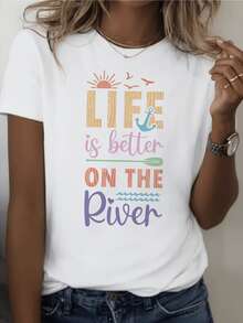 Radiant Sun Over The Horizon With Birds Flying And A Blue Anchor Evoking Freedom, Serenity And The Tranquility Of The River. Comfortable Casual Women's T-Shirt For Summer - 白色 - 查看 8