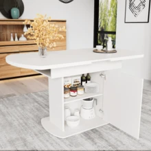Utdragbart ovalt matbord, 110/130 x 70 x 75 cm, matbord med förvaring, soff-/fritidsbord, modernt och minimalistiskt matbord, platsbesparande multifunktionellt matbord, vitt med guldfärgat handtag. - Vitt - Visa 4
