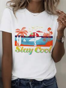 Paisaje tropical con palmeras surfistas frente al mar al atardecer con aves volando transmitiendo libertad y energía positiva camiseta de mujer casual cómoda y moderna ideal para verano - Blanco - Ver 8