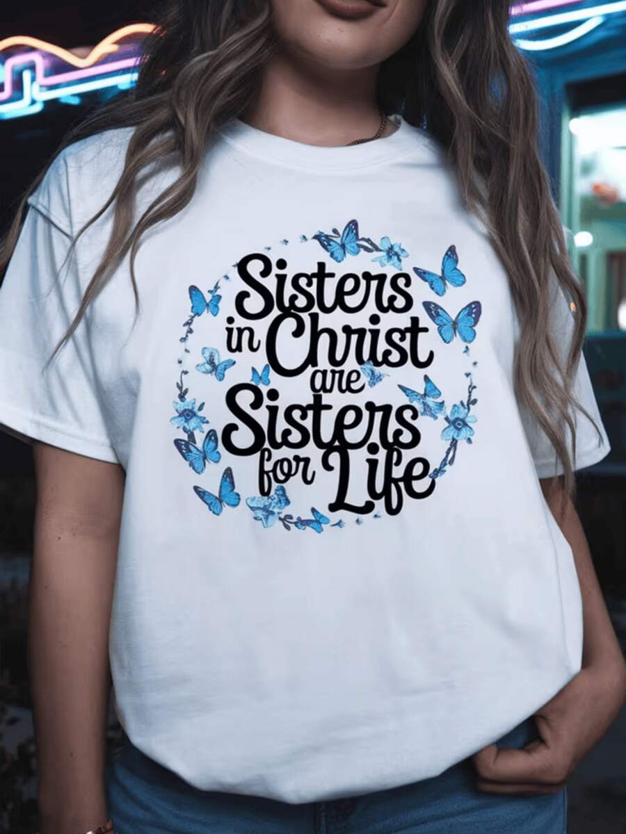 Blue Butterflies Surrounding Phrases Of Spiritual Unity Represent The Strength And Eternal Sisterhood Between Women Who Share Faith And Hope. Women's T-Shirt With An Inspirational Christian Message, Ideal For Gifting And Everyday Wear. - 白色 - 查看 1