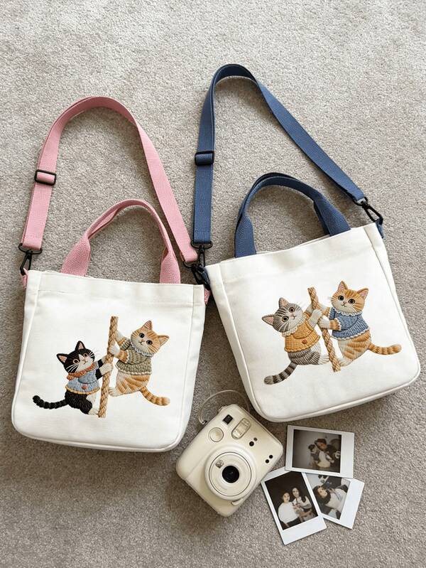 Cat Climbing Rope Print Tote Bag, Multi-Pocket Tote Bag, Large Capacity Multifunctional Shoulder Bag, Lightweight Durable Commuter Shopping Handbag, Portable Daily Storage Tote Bag Suitable For Work, School, Travel, Beach, Shopping, Practical Teacher Gift And Cute Women's Gift, Back To School Essential